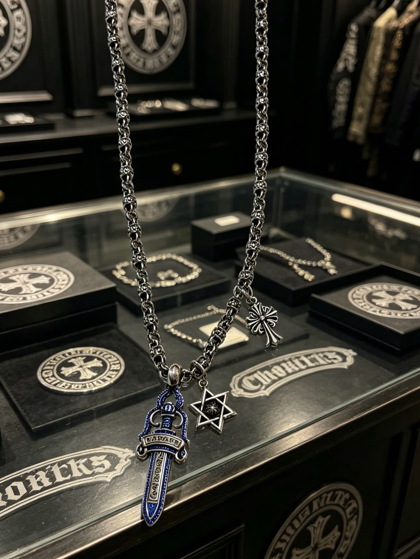 Chrome Hearts Silver Chain with Sword, Star of David, and Cross Charms